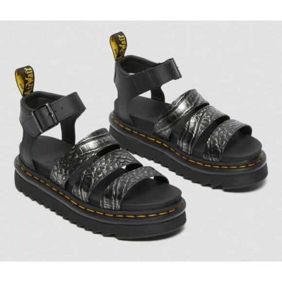 Dr. Martens Shoes - NWOT Dr. Marten's Blair Wild Croc Leather Embossed Gunmetal Strappy Sandal - 8